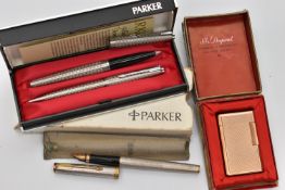 A BOXED S.T. DUPONT GOLD PLATED CIGARETTE LIGHTER, CASED PARKER 45 CIRCLET FOUNTAIN PEN AND