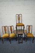 A SMALL EARLY 20TH CENTURY OAK BARLEY TWIST DROP LEAF TABLE, and four splat back chairs with drop in