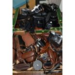 TWO BOXES OF VINTAGE CAMERAS, over thirty vintage cameras, to include a Zenit 12XP, a Zenit EM,