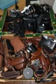 TWO BOXES OF VINTAGE CAMERAS, over thirty vintage cameras, to include a Zenit 12XP, a Zenit EM,