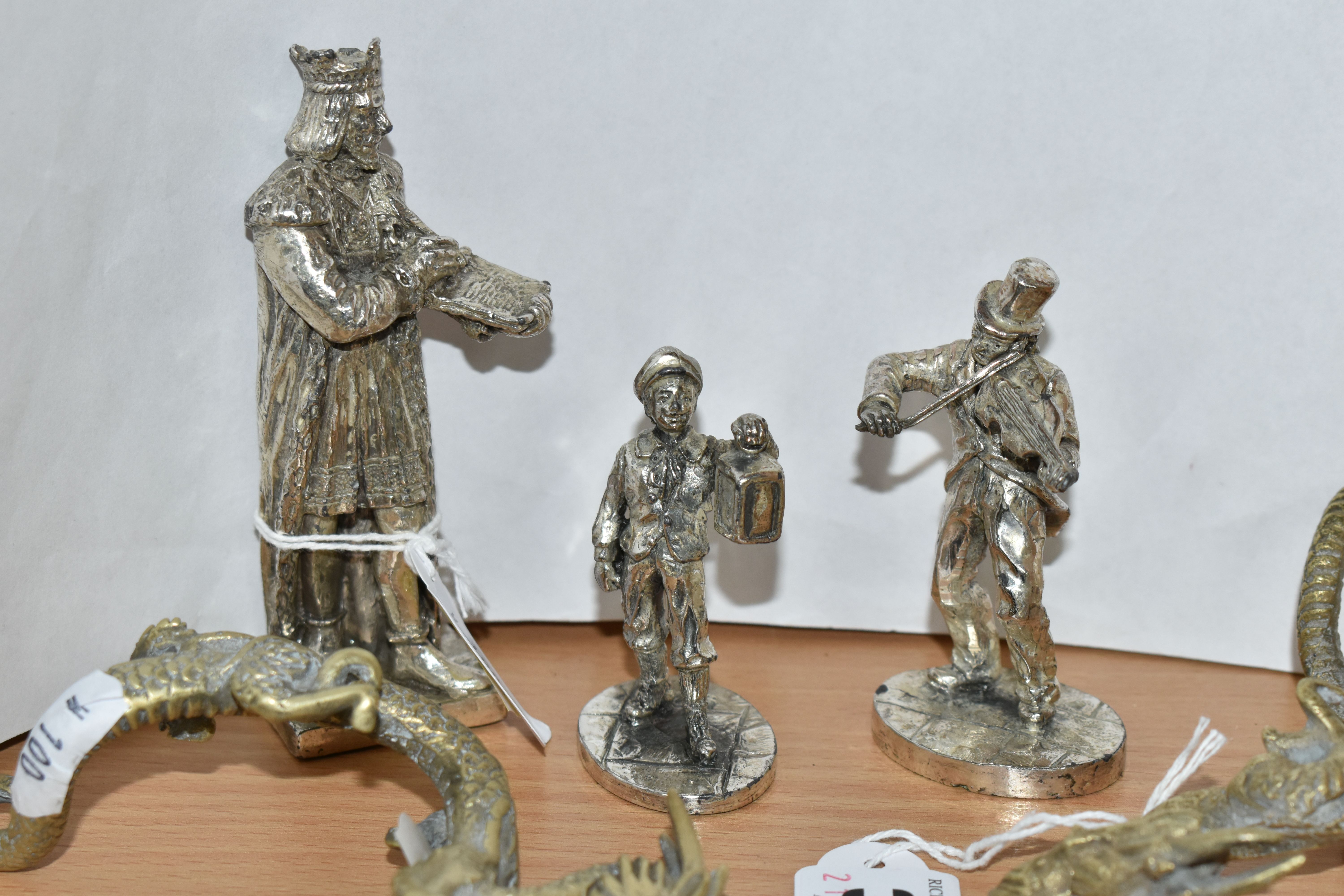 FIVE METAL FIGURES, comprising three plated lead figures: King John signing the Magna Carta, a - Image 2 of 6