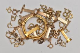 ASSORTED YELLOW METAL FINDINGS, to include a large number of spring clasps, a sovereign mount and