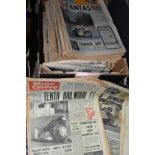 A BOX OF VINTAGE MOTORCYCLING NEWSPAPERS, approximately fifty to sixty editions from the 1960s,