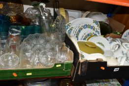 FOUR BOXES OF MID-CENTURY CERAMICS AND GLASSWARE, to include a J&G Meakin 'Topic' pattern part-
