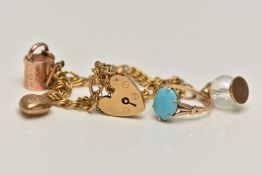 A 9CT GOLD CHARM BRACELET AND A TURQUIOSE RING, double link bracelet, fitted with three charms to