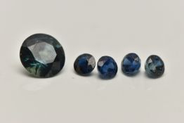 A SMALL ASSORTMENT OF LOOSE SAPPHIRES, the first a circular cut blue green sapphire, approximate