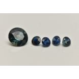 A SMALL ASSORTMENT OF LOOSE SAPPHIRES, the first a circular cut blue green sapphire, approximate