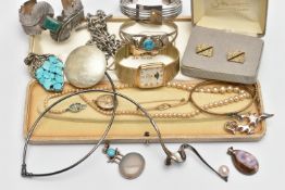 A SELECTION OF WHITE METAL AND COSTUME JEWELLERY, to include a D Lerma Navajo gem set torque