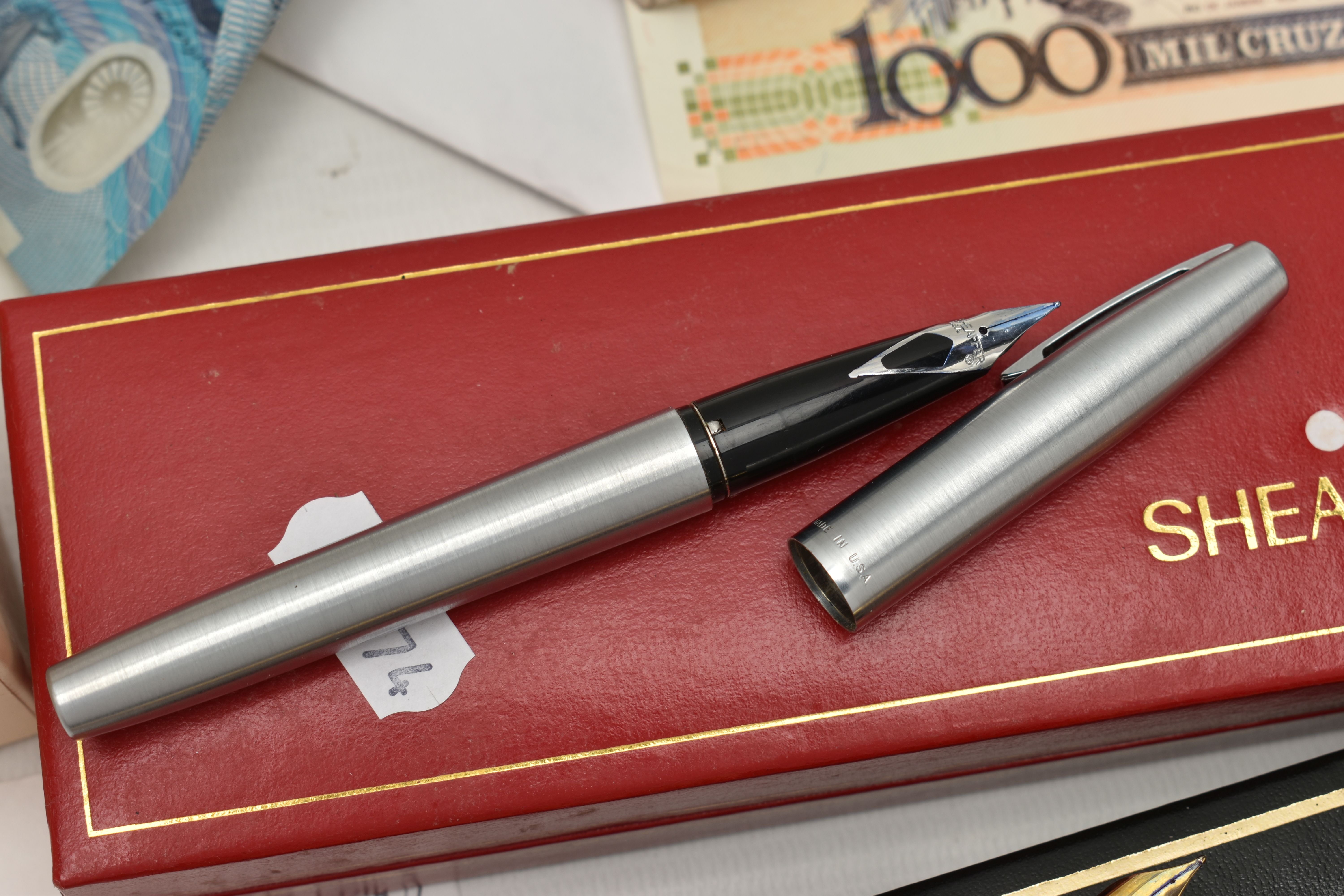 ASSORTED PENS AND COINS, to include a cased brushed steel 'Sheaffer' fountain pen, an 'Elysee' - Image 2 of 4