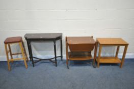 A MID CENTURY VANSON AFROMOSIA TEAK DROP LEAF TEA TROLLEY, a mahogany side table, width 89cm x depth