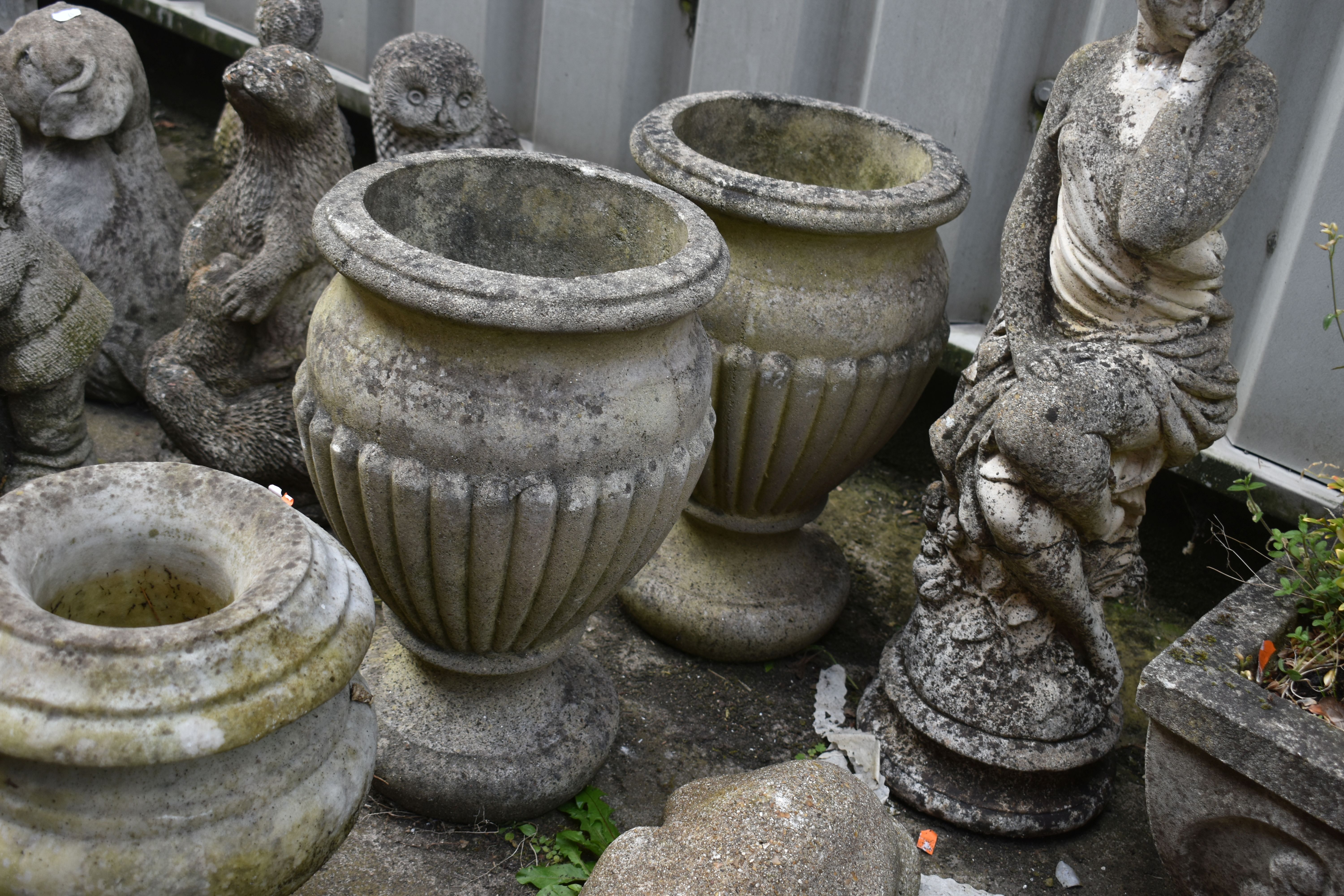 TWO PAIRS OF COMPOSITE GARDEN URNS, largest height 41cm, a composite figure of a scantily clad lady, - Image 3 of 5