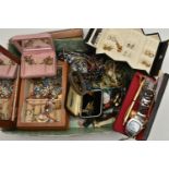 A BOX OF ASSORTED COSTUME JEWELLERY AND ITEMS, to include a small wooden jewellery box with