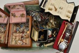 A BOX OF ASSORTED COSTUME JEWELLERY AND ITEMS, to include a small wooden jewellery box with