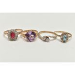 FOUR GEM SET RINGS, one designed as a circular amethyst in an eight double cLaw setting to the