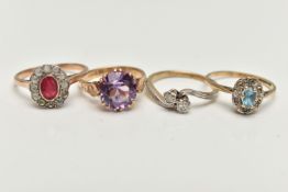 FOUR GEM SET RINGS, one designed as a circular amethyst in an eight double cLaw setting to the