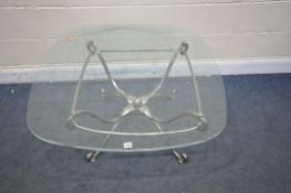 A GLASS TOP COFFEE TABLE, on a cross framed chrome base, 97cm squared x height 51cm (condition