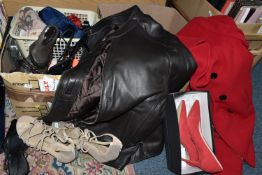 THREE BOXES OF CLOTHING, SHOES AND ACCESSORIES, to include a boxed pair of brown leather ladies size
