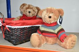 A WICKER BASKET CONTAINING TWO TEDDY BEARS, House of Fraser Bear 2002 and House of Fraser Bear