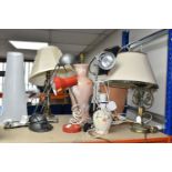 EIGHT TABLE LAMPS comprising three adjustable desk lamps, three ceramic and two metal table lamps (