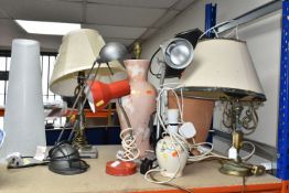 EIGHT TABLE LAMPS comprising three adjustable desk lamps, three ceramic and two metal table lamps (