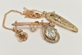 A PENDANT NECKLACE, BROOCH AND TWO PENDANTS, the small pedant set with a seed pearl, within a
