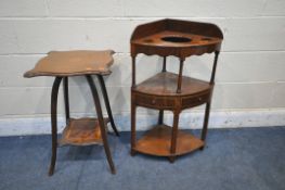 AN EDWARDIAN MAHOGANY AND INLAID OCCASIONAL TABLE, 44cm squared x height 74cm, and a mahogany corner