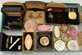 A BOX CONTAINING PILL BOXES AND CUFFLINKS, to include two 'Stratton' pill boxes, eight other unnamed