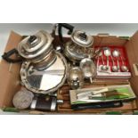 A BOX OF ASSORTED WHITE METAL WARE, to include a four piece EPNS tea set comprising of a teapot,