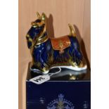 A BOXED ROYAL CROWN DERBY 'SCOTTISH TERRIER' PAPERWEIGHT, with gold stopper, red printed backstamp