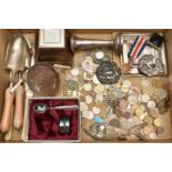 A BOX OF MISCELLANEOUS ITEMS, to include fish servers, salad servers, a boxed christening set (