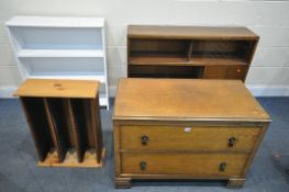 AN OAK GLAZED BOOKCASE, width 114cm x depth 30cm x height 85cm, a low oak chest of two drawers, open