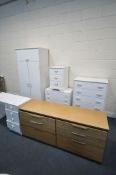 AN WHITE MATCHED BEDROOM SUITE, comprising a two door wardrobe, width 81cm x depth 50cm x height