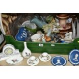 ONE BOX OF CERAMICS AND ORNAMENTS, to include three pieces of Wedgwood Portland Blue Jasperware, two