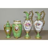 FOUR EARLY 20TH CENTURY COALPORT GREEN AND GILT GROUND EWERS AND VASES, comprising a pair of