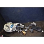 A PING GOLFBAG, IRONS AND DRIVERS including Zing 3,4,5,6,7,8,9, sand and wedge irons, a Karsten 3