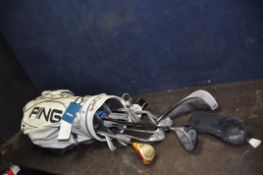 A PING GOLFBAG, IRONS AND DRIVERS including Zing 3,4,5,6,7,8,9, sand and wedge irons, a Karsten 3