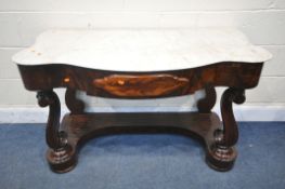 A VICTORIAN FLAME MAHOGANY MARBLE TOP WASHSTAND, with a single frieze drawer, on front scrolled