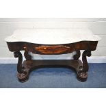 A VICTORIAN FLAME MAHOGANY MARBLE TOP WASHSTAND, with a single frieze drawer, on front scrolled