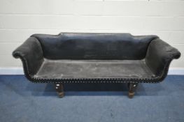 A 19TH CENTURY BLACK LEATHERETTE SOFA, with scrolled arms, length 205cm x depth 59cm x height