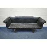 A 19TH CENTURY BLACK LEATHERETTE SOFA, with scrolled arms, length 205cm x depth 59cm x height