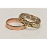 TWO 9CT GOLD RINGS, the first a plain polished band ring, approximate width 4mm, hallmarked 9ct