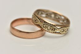TWO 9CT GOLD RINGS, the first a plain polished band ring, approximate width 4mm, hallmarked 9ct