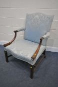 A GEORGIAN AND LATER MAHOGANY GAINSBOROUGH CHAIR, with blue fabric and open armrests,72cm x depth