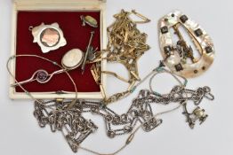 A SMALL ASSORTMENT OF JEWELLERY, to include a pair of non-pierced 'Renoir' drop earrings, a white