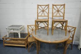 A BAMBOO CIRCULAR CONSERVATORY TABLE, diameter 123cm x height 76cm, four chairs, and two bamboo