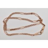 A ROSE METAL FIGARO CHAIN, fitted with two lobster clasp, stamp mark rubbed 9ct, length 420mm,