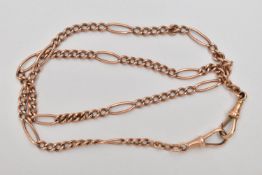 A ROSE METAL FIGARO CHAIN, fitted with two lobster clasp, stamp mark rubbed 9ct, length 420mm,