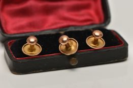 A BOXED SET OF THREE 9CT GOLD DRESS STUDS, each of a polished design, hallmarked 9ct Chester,
