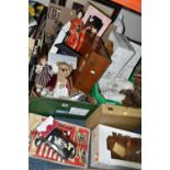 THREE BOXES OF COLLECTABLE DOLLS AND SUNDRIES, to include framed prints, brass candelabra, a