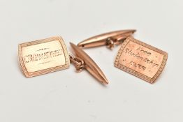 A CASED PAIR OF CUFFLINKS, AF rose metal rectangular chain link cufflinks, engraved 'C B